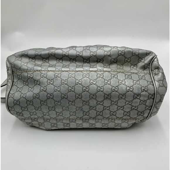 Auth Gucci Silver Gray Metallic Guccisima Leather Convertible Sukey Bowler Bag - Picture 3 of 16